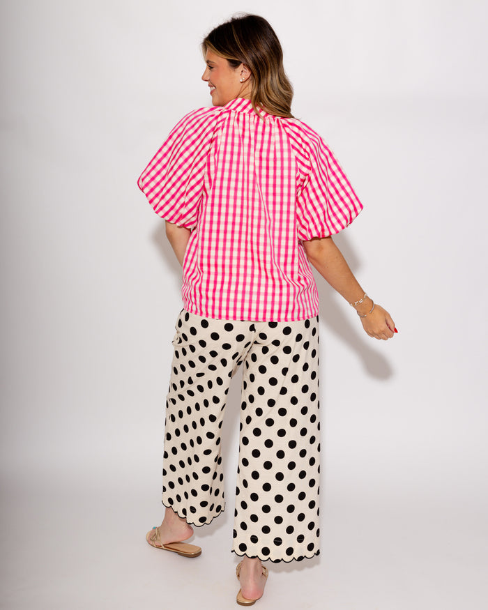 Pink Gingham Bow Tie Puff Top