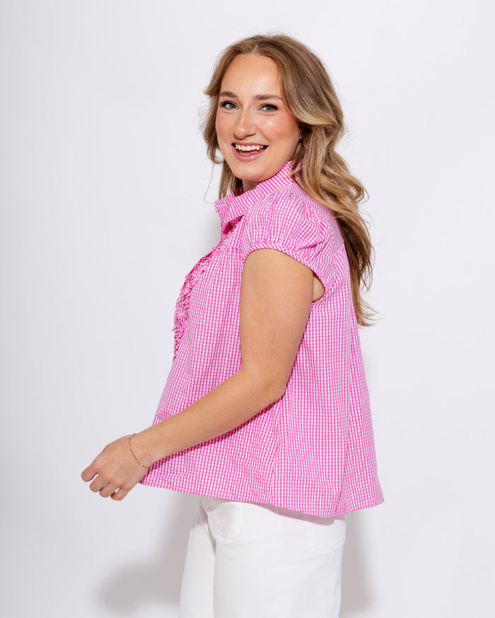 Pink Gingham Ruffle Puff Sleeve Top