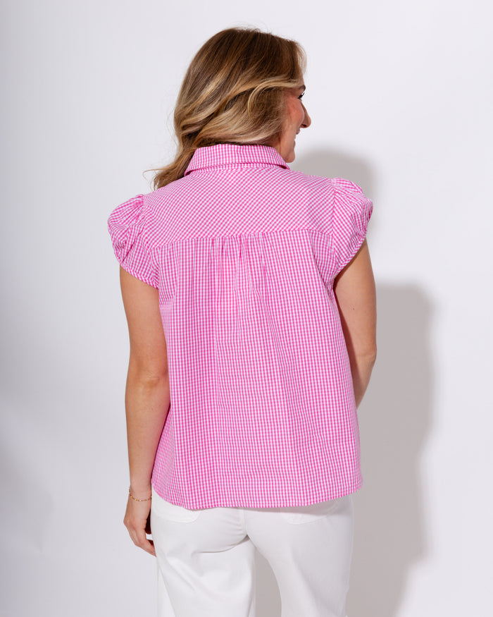 Pink Gingham Ruffle Puff Sleeve Top