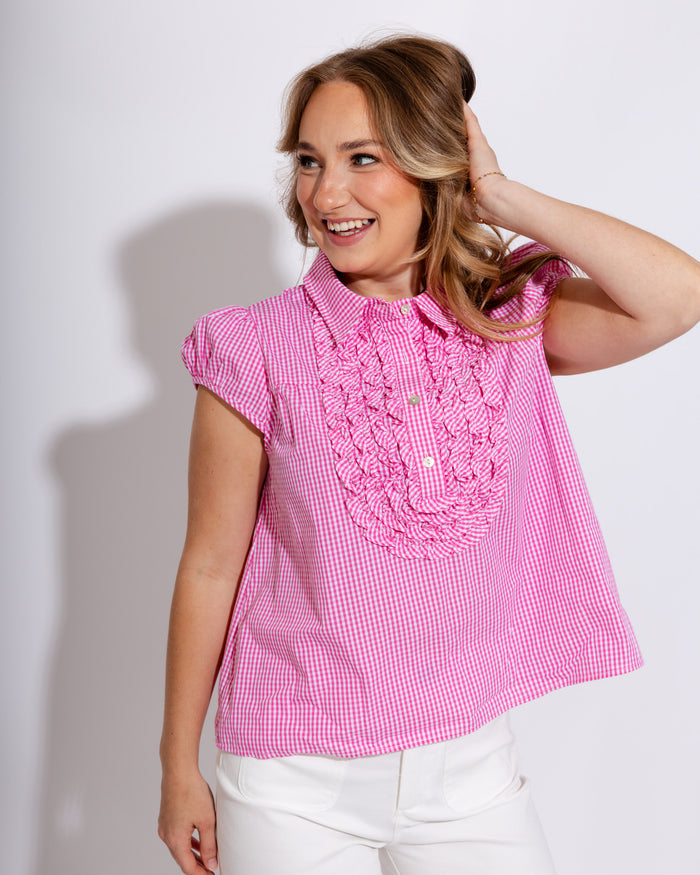 Pink Gingham Ruffle Puff Sleeve Top