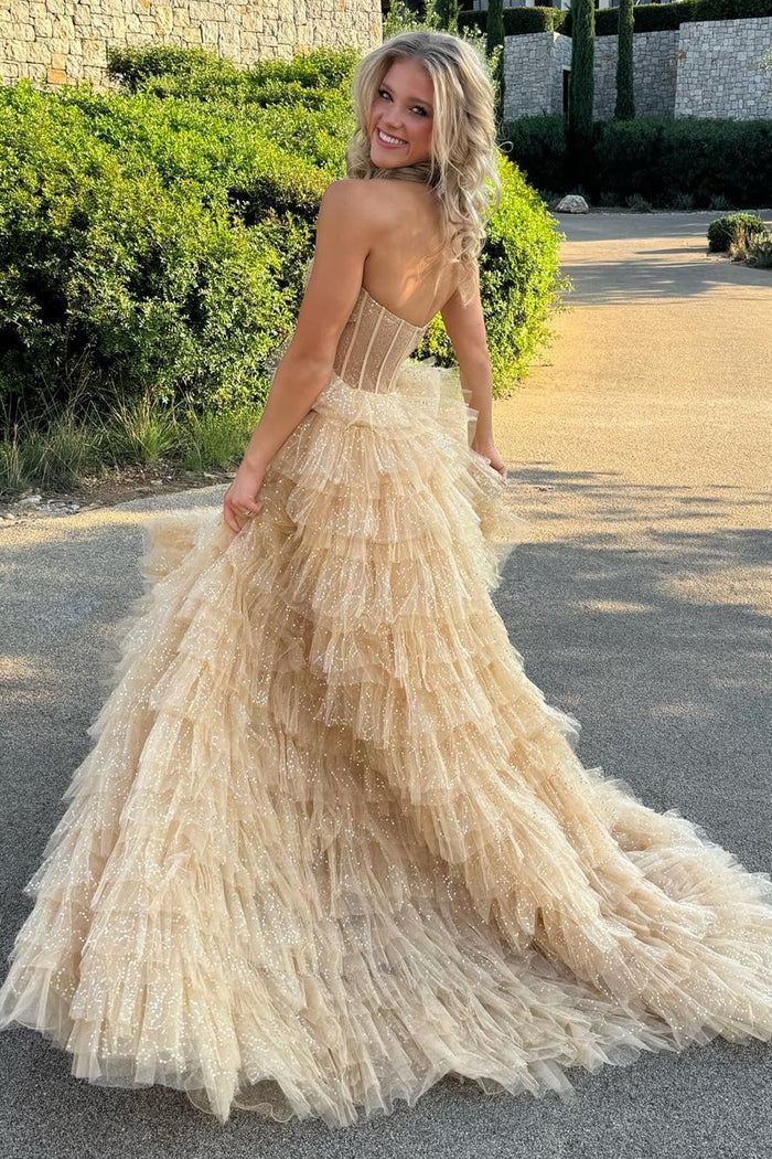 Pink Strapless Tulle Sequin A-Line Prom Gown