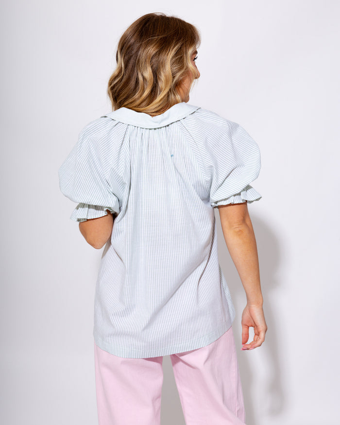 Sage Pinstripe Lace Trim Blouse - Umgee - Gaudie & Co. Beaumont TX Boutique