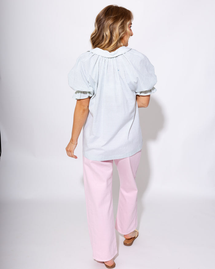 Sage Pinstripe Lace Trim Blouse - Umgee - Gaudie & Co. Beaumont TX Boutique