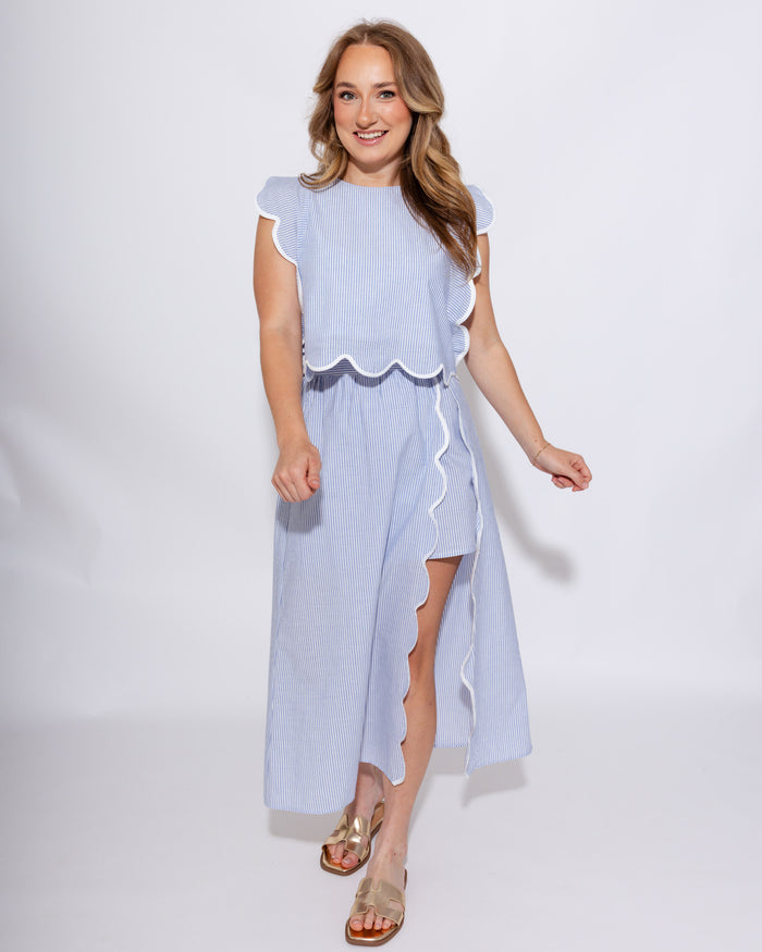 Pinstripe Scallop Trim Top & Skirt Set