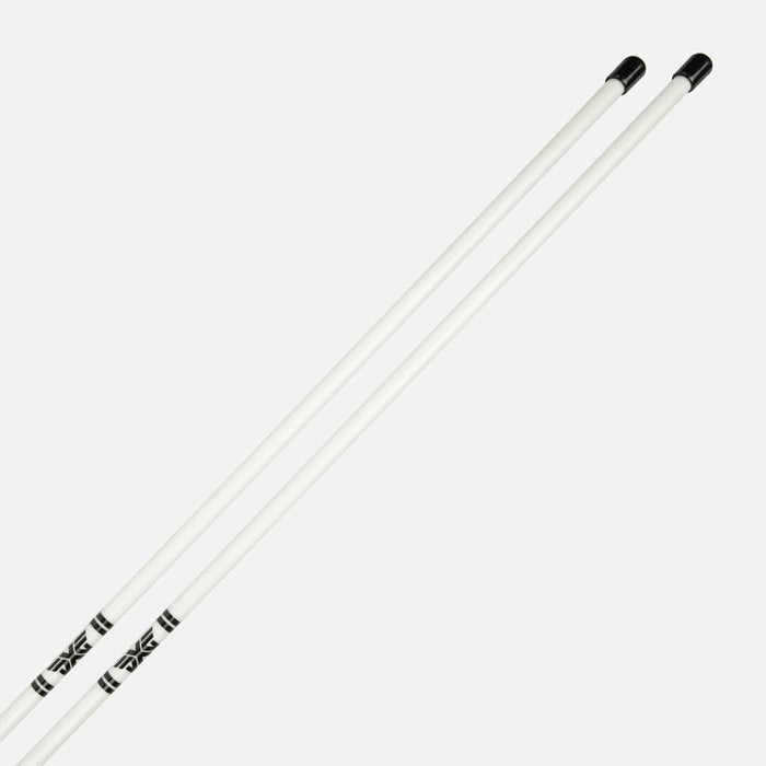PXG white two golf alignment sticks with a black pxg logo on a white background