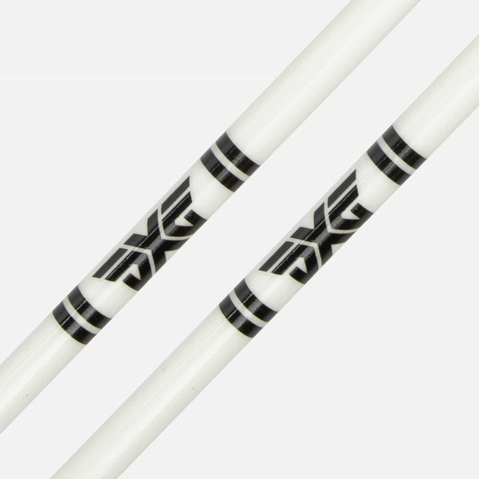 PXG white two golf alignment sticks with a black pxg logo on a white background