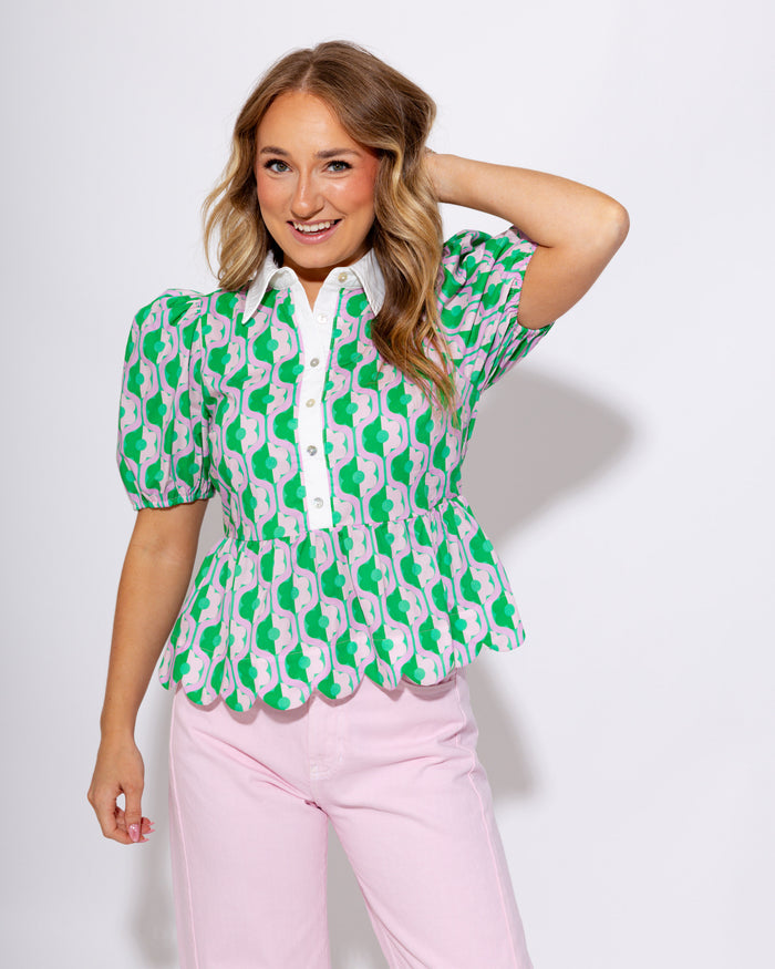 Pink Green Printed Puff Sleeve Peplum Top - Entro - Gaudie & Co. Texas Boutique