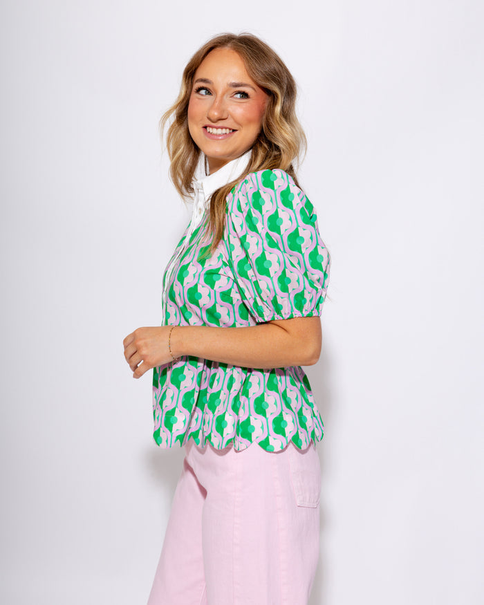 Pink Green Printed Puff Sleeve Peplum Top - Entro - Gaudie & Co. Texas Boutique