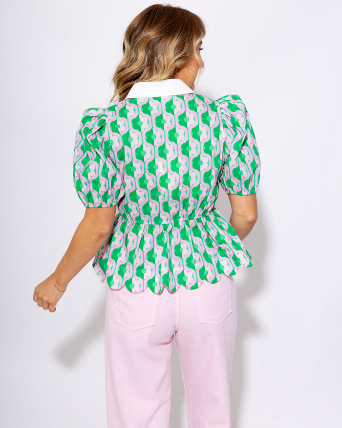 Pink Green Printed Puff Sleeve Peplum Top - Entro - Gaudie & Co. Texas Boutique