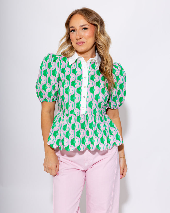 Pink Green Printed Puff Sleeve Peplum Top - Entro - Gaudie & Co. Texas Boutique