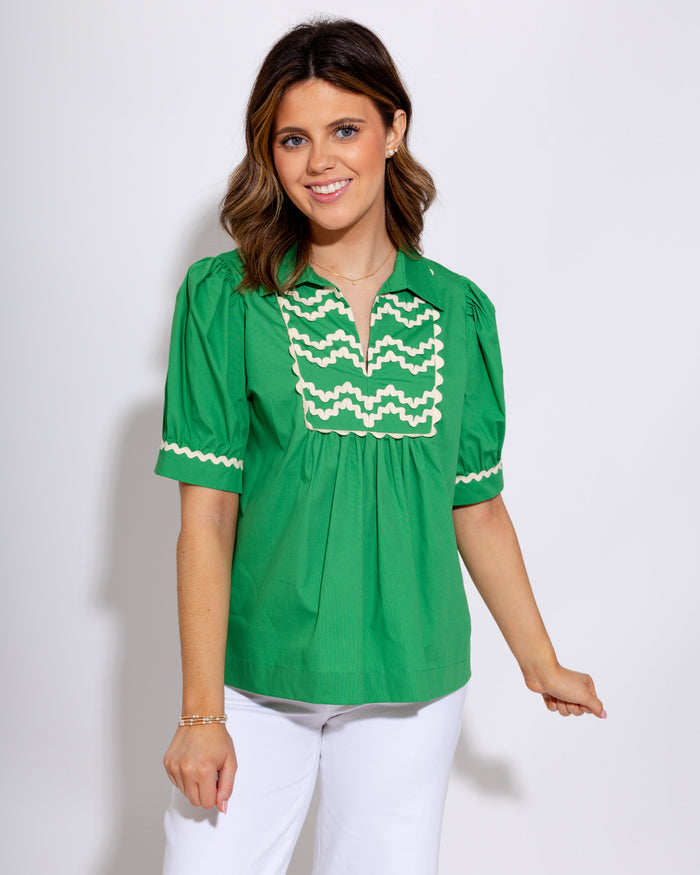 Playful RicRac Accent Top in Kelly green