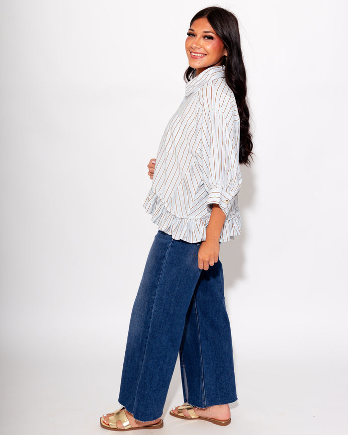 Playful Stripe Ruffle Hem Top in Blue