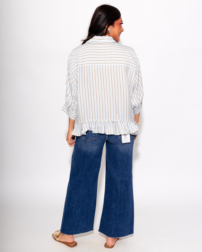 Playful Stripe Ruffle Hem Top in Blue