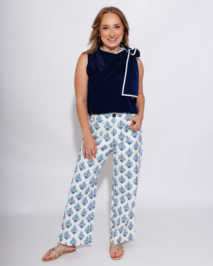 Pleated Shoulder Contrast Bow Top in Navy