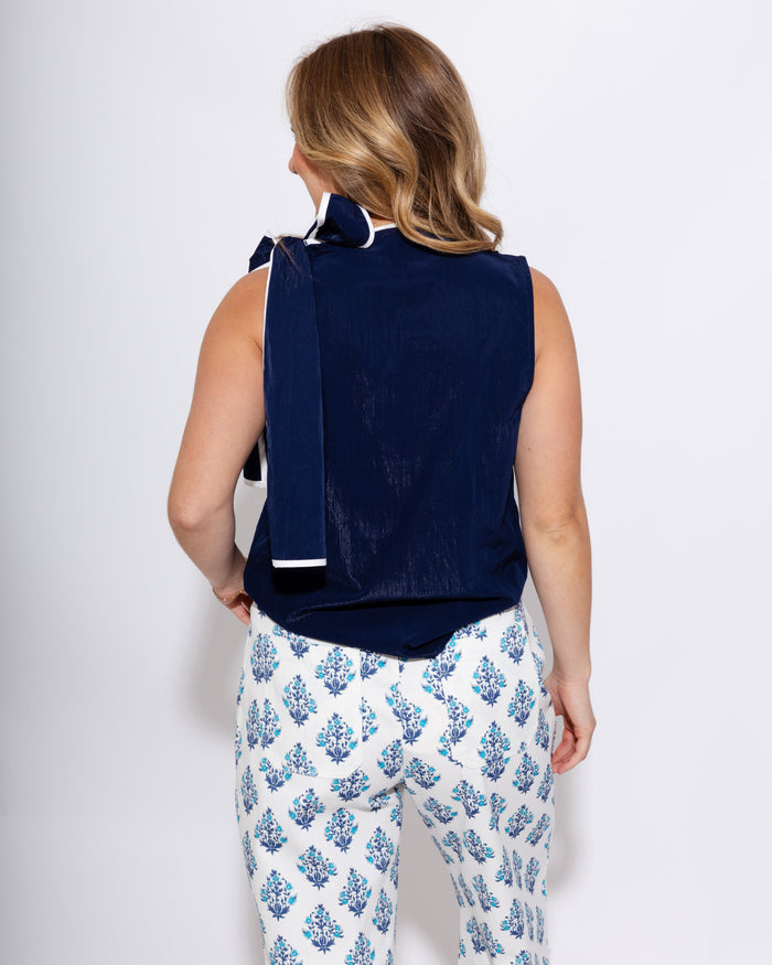 Pleated Shoulder Contrast Bow Top in Navy