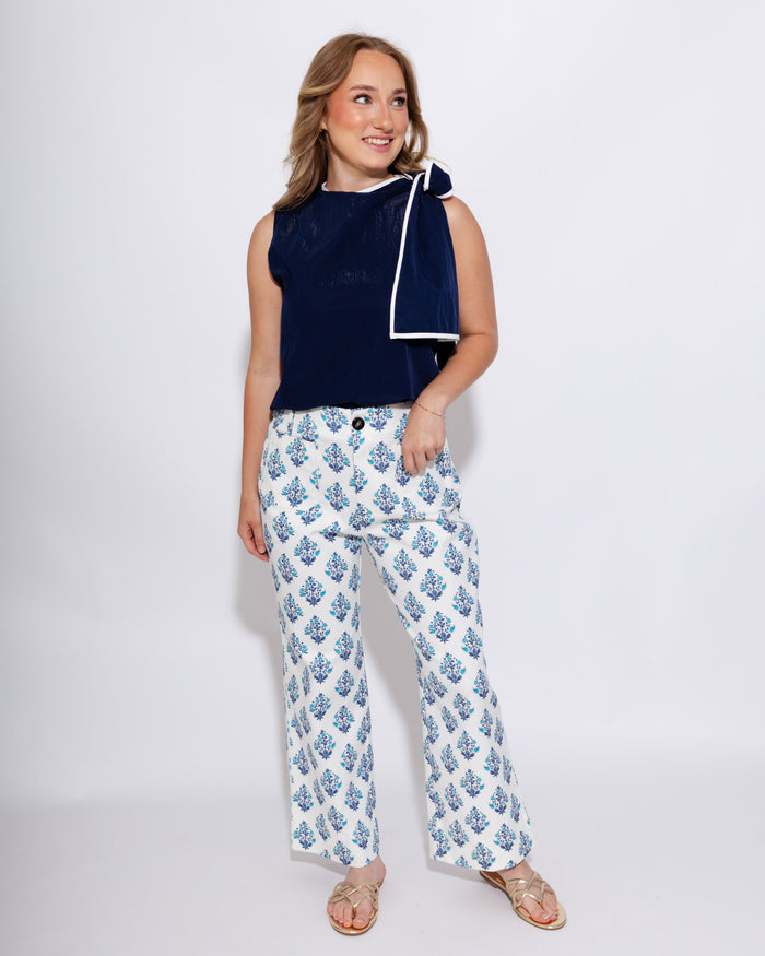Pleated Shoulder Contrast Bow Top in Navy