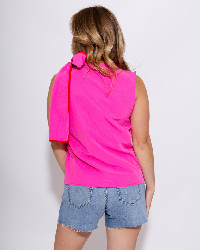 Pleated Shoulder Contrast Bow Top in Pink