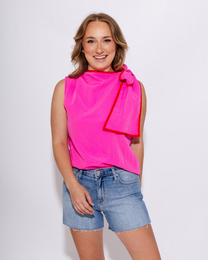 Pleated Shoulder Contrast Bow Top in Pink