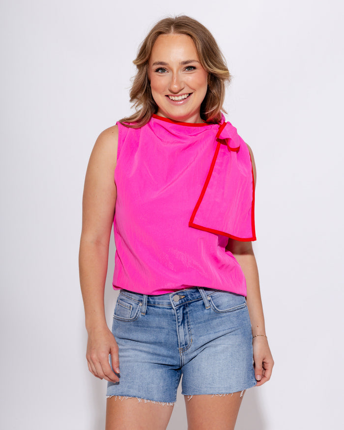Pleated Shoulder Contrast Bow Top in Pink