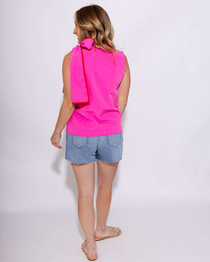 Pleated Shoulder Contrast Bow Top in Pink