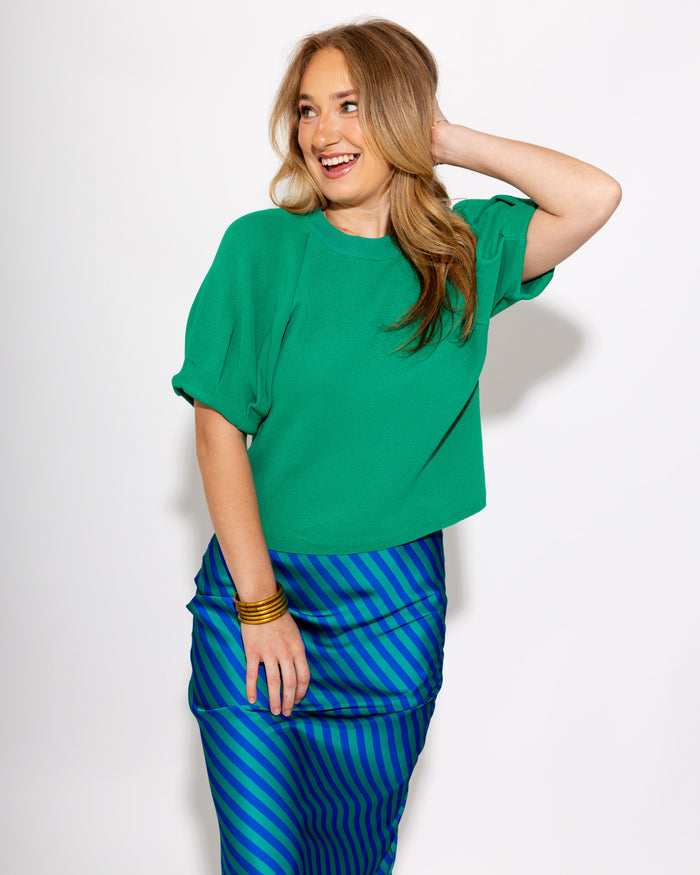 Polished Puff Sleeve Knit Top in Green