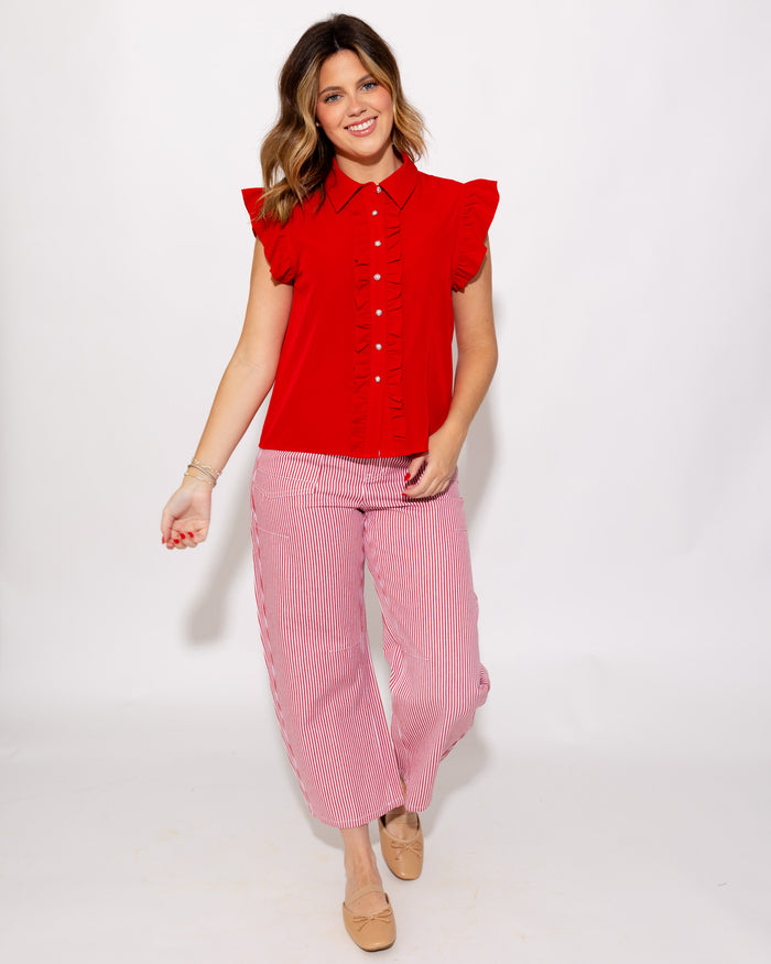 Pretty & Polished Ruffle Front Top in Red