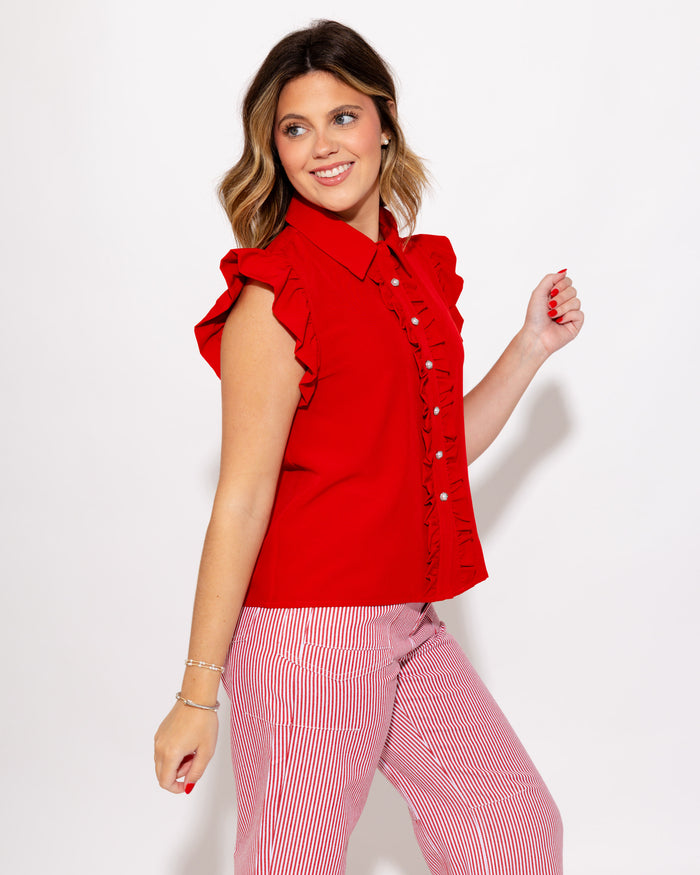 Pretty & Polished Ruffle Front Top in Red