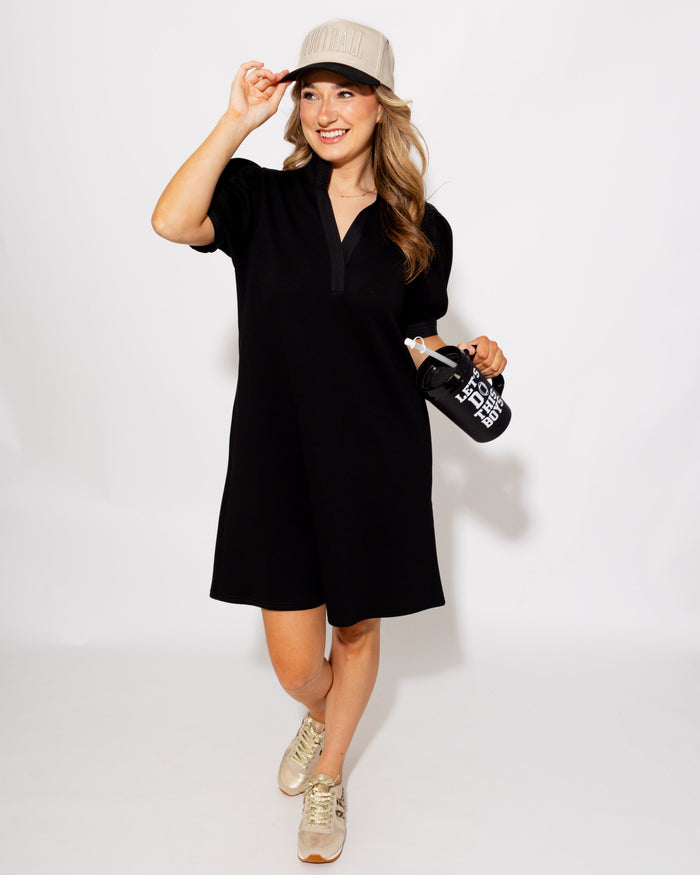Puff Sleeve Shift Dress in Black