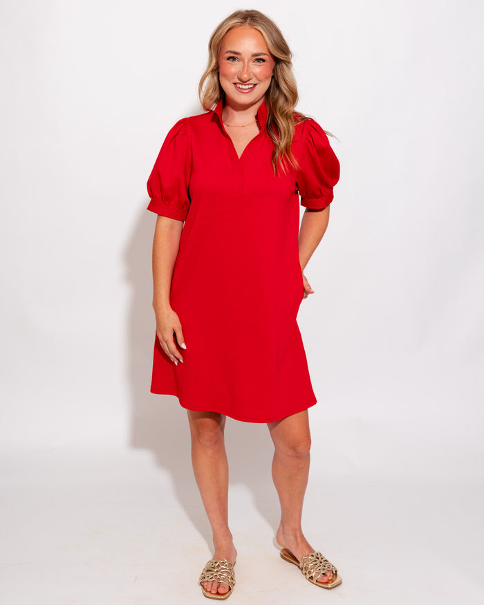 Puff Sleeve Shift Dress in Red