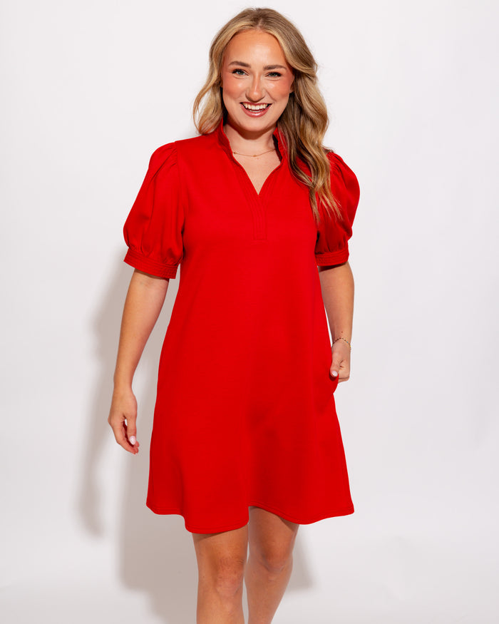 Puff Sleeve Shift Dress in Red