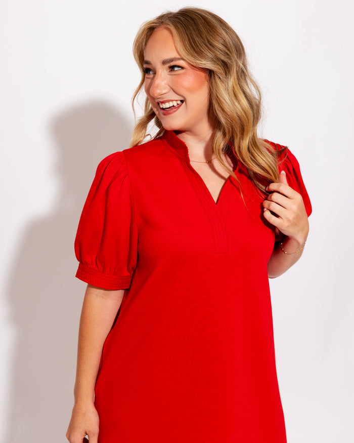 Puff Sleeve Shift Dress in Red