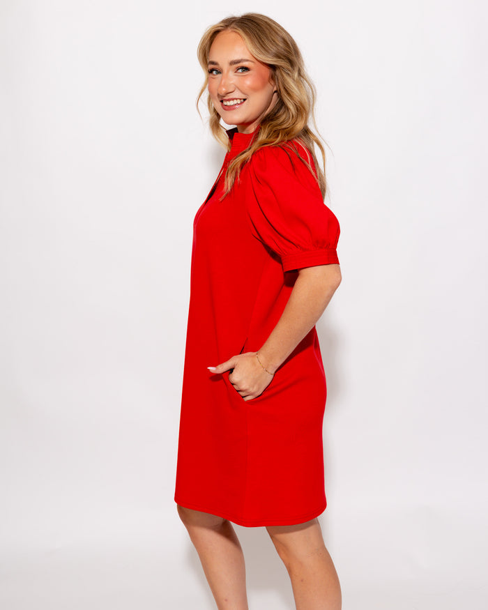 Puff Sleeve Shift Dress in Red