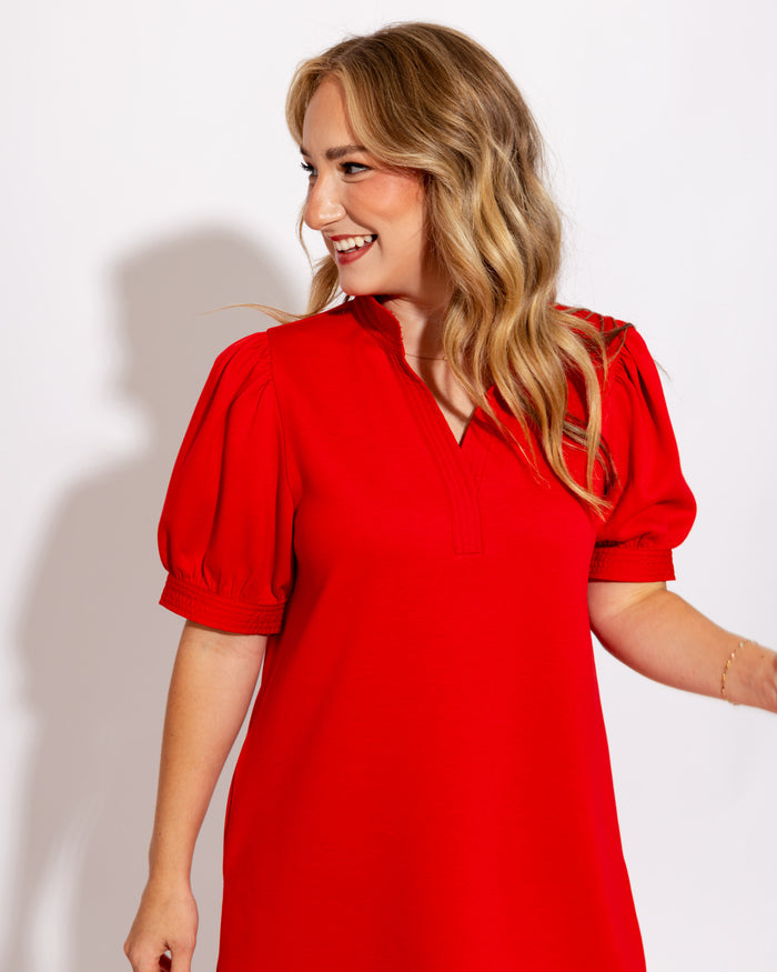Puff Sleeve Shift Dress in Red