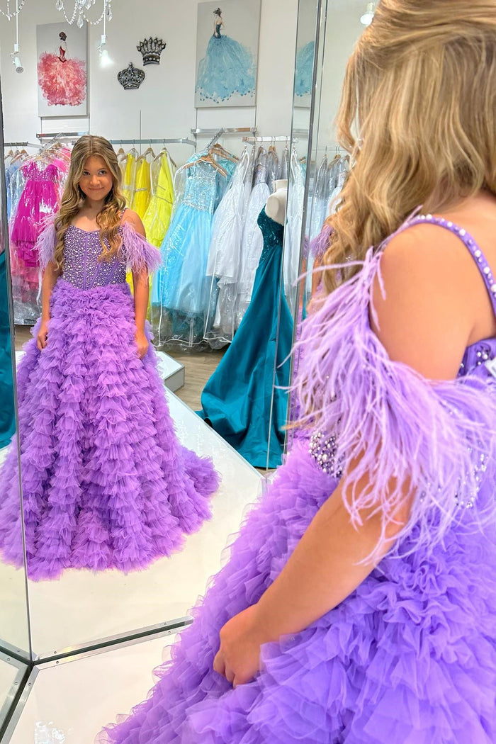 Purple Beaded Cold-Shoulder Ruffle Long Girl Pageant Dress