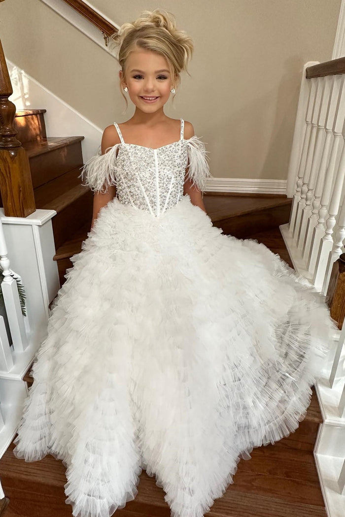 Purple Beaded Cold-Shoulder Ruffle Long Girl Pageant Dress