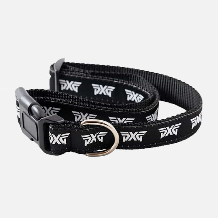 PXG black pet collar with pxg as a repeating logo around the collar on a white background