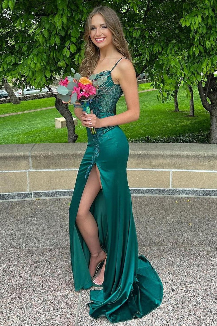 Red Spaghetti Strap Appliques Mermaid Long Dress with Slit