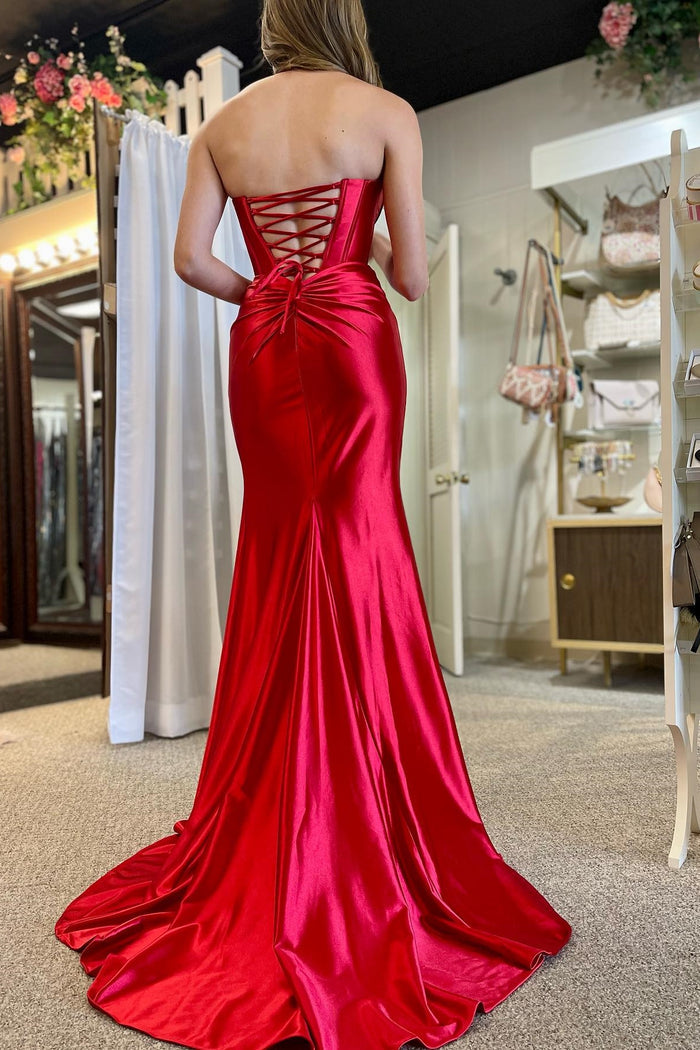 Red Strapless Twist-Front Mermaid Long Dress with Slit