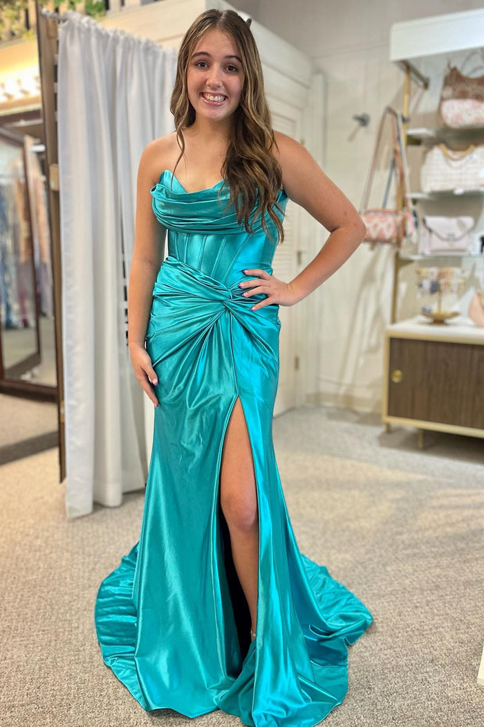 Red Strapless Twist-Front Mermaid Long Dress with Slit