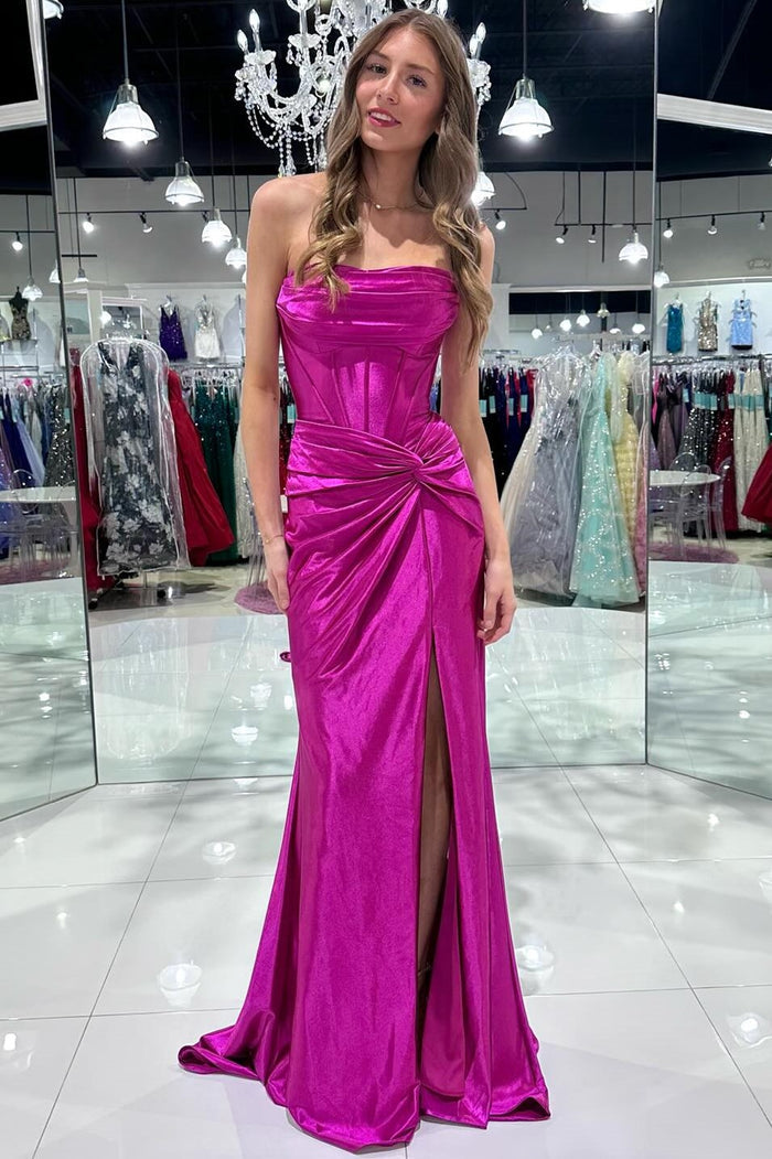 Red Strapless Twist-Front Mermaid Long Dress with Slit