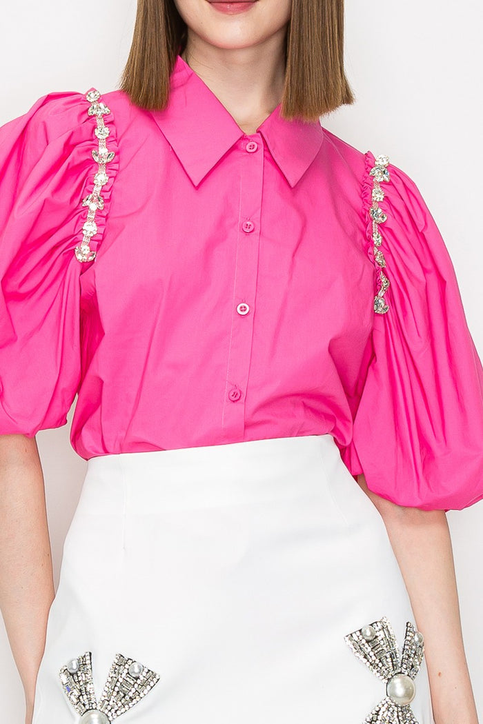 RHINESTONE ACCENT BLOUSE FUSCHIA
