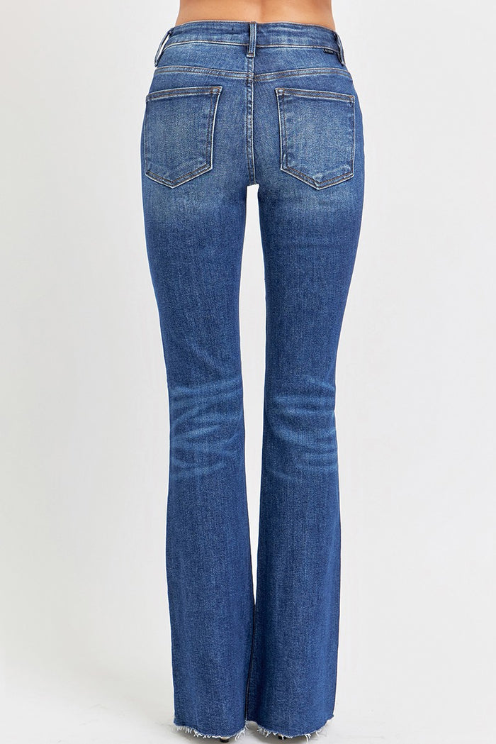 Risen Mid-Rise Flare Raw Hem - Dark Wash