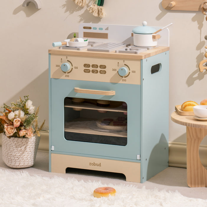 Robud mint blue play oven full front view with gold knobs, window door and natural wood countertop