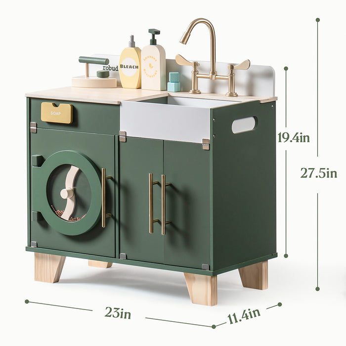 Robud vintage wooden washing machine toy set with decorative knobs and natural birch wood frame.
