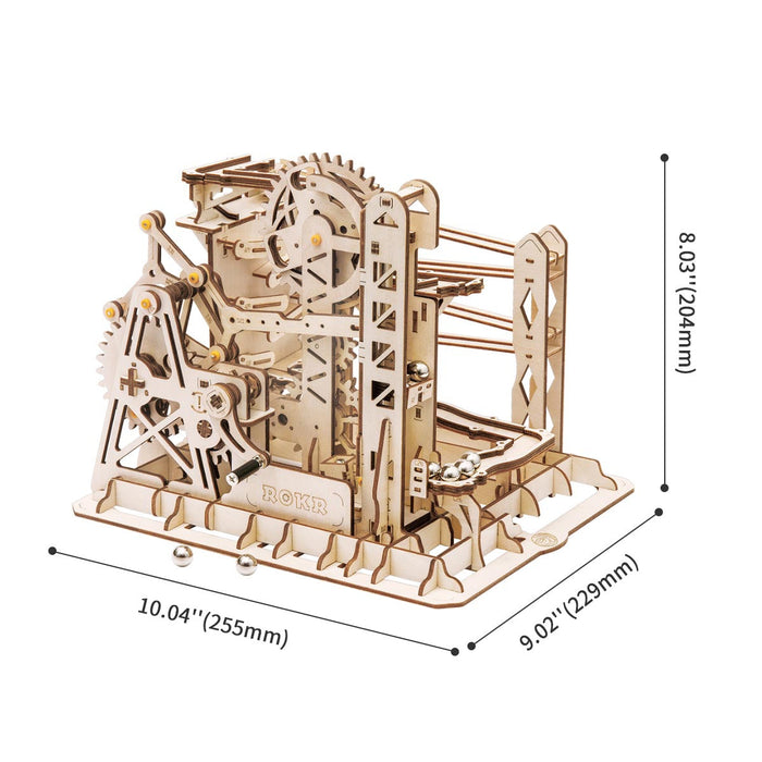 ROKR Marble Explorer wooden 3D puzzle with dimensions 10.04 by 9.02 by 8.03 inches labeled on outline diagram