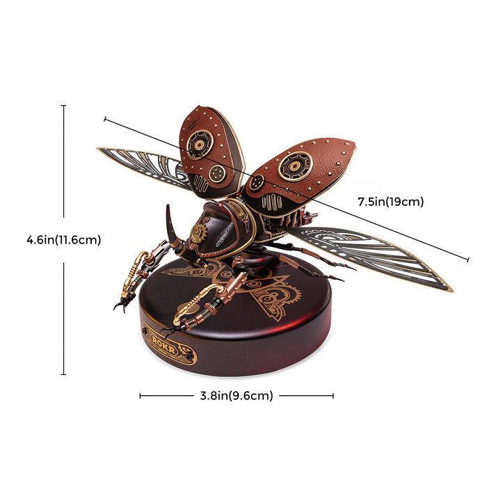 ROKR steampunk metal beetle model on round base with dimensions 7.5 by 4.6 by 3.8 inches labeled