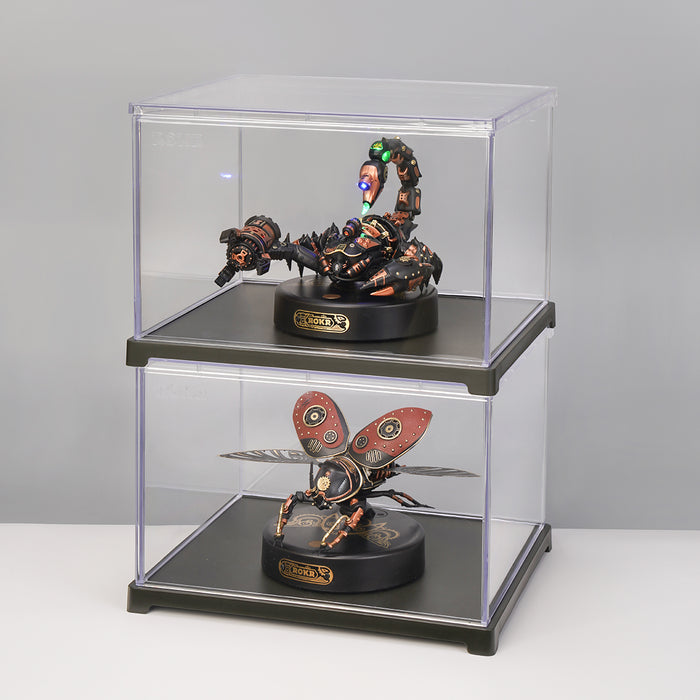 Two stacked clear acrylic cases each holding a ROKR steampunk scorpion and butterfly mechanical insect model