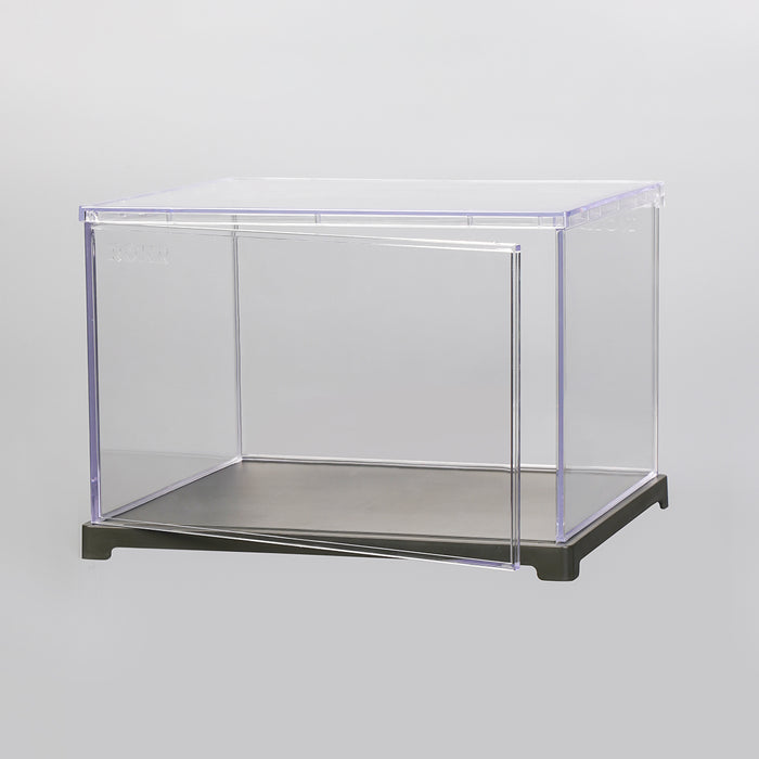 Robotime landscape acrylic display case with black base on plain white surface for figure dolls