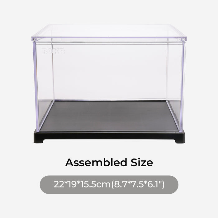 Robotime clear acrylic display case with black base showing assembled size 22 by 19 by 15.5 centimeters labeled