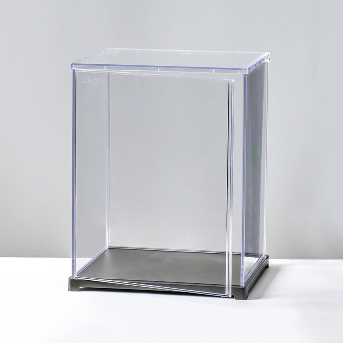 Robotime clear acrylic display case with black base on plain white surface for figure doll display